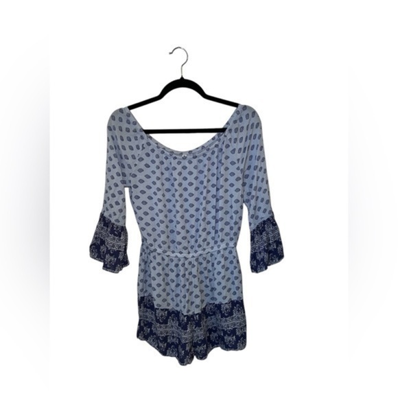 Mudd off the shoulder blue printed romper - Picture 1 of 4